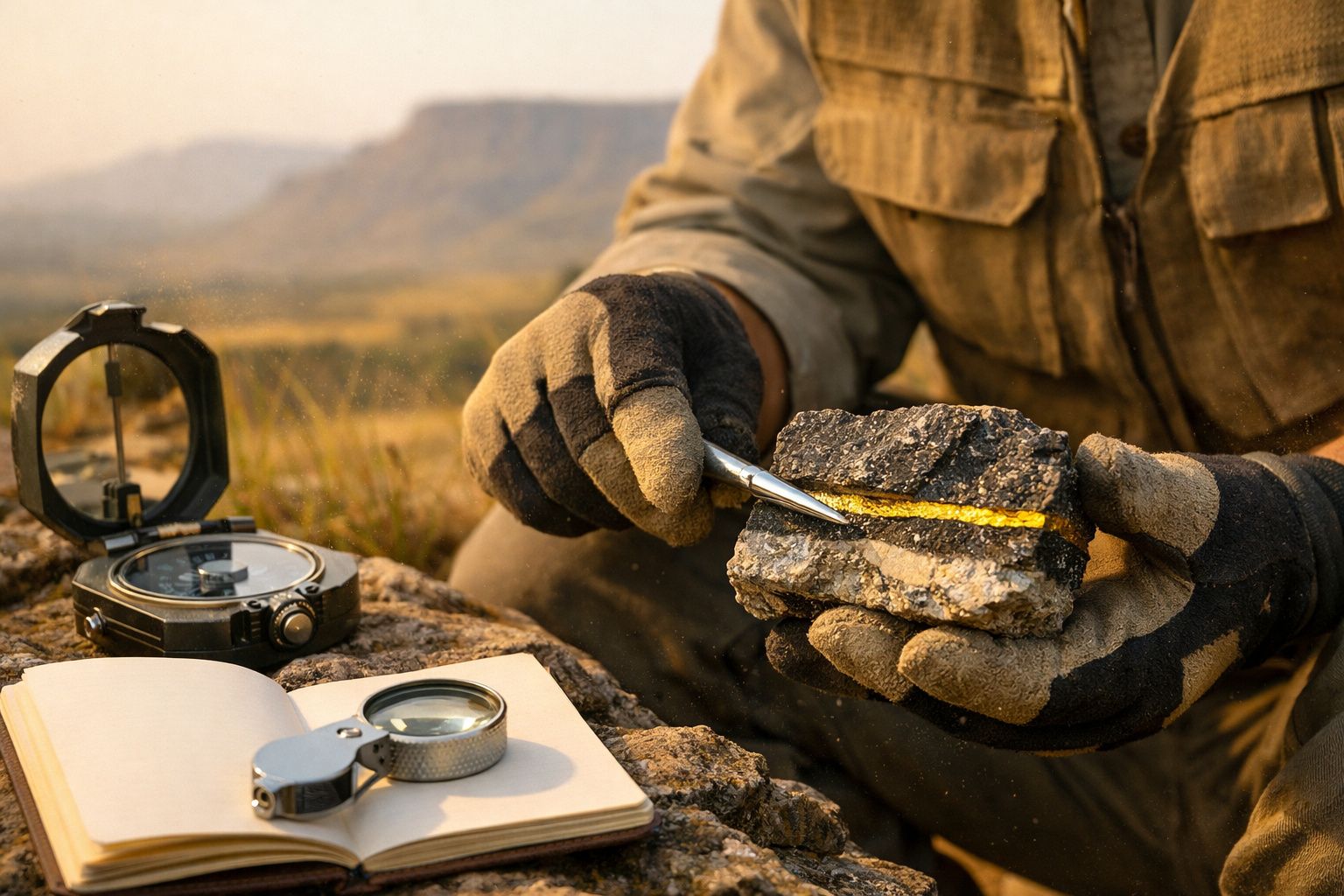 Geólogo examina amostra de rocha com linha dourada, usando lupa e bloco de notas ao lado de uma bússola.