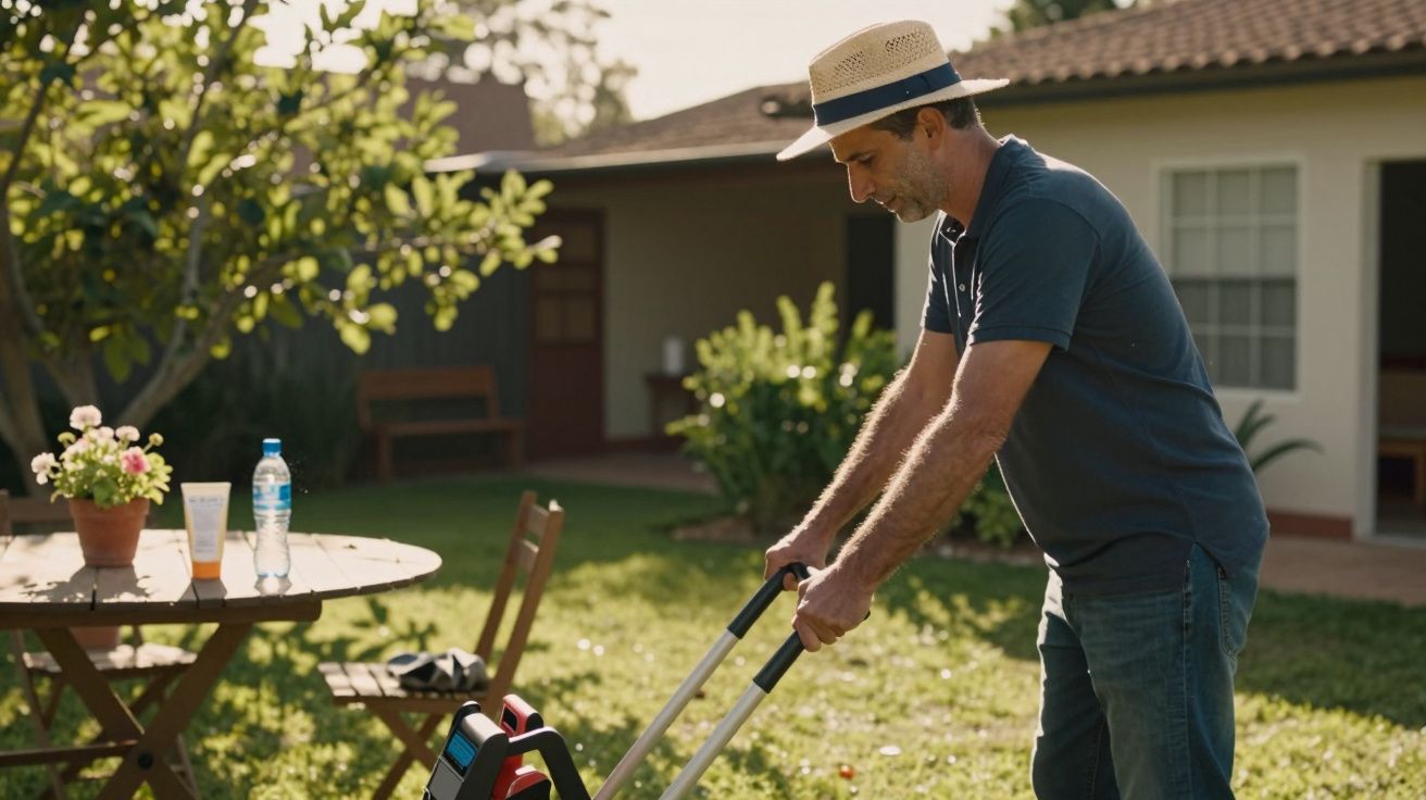 Homem a cortar a relva no jardim com máquina de cortar, vestindo chapéu e roupa casual.