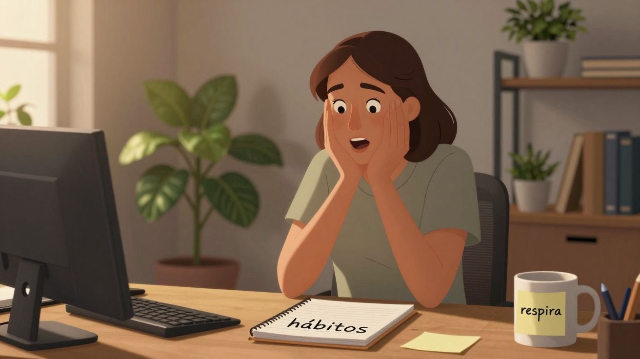 Pessoa surpreendida a trabalhar numa secretária com caderno "hábitos" e caneca "respira" no ambiente de escritório.
