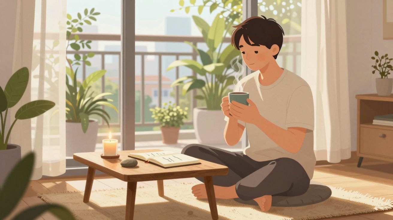 Pessoa sentada no chão, a beber chá quente numa sala com plantas e luz natural.