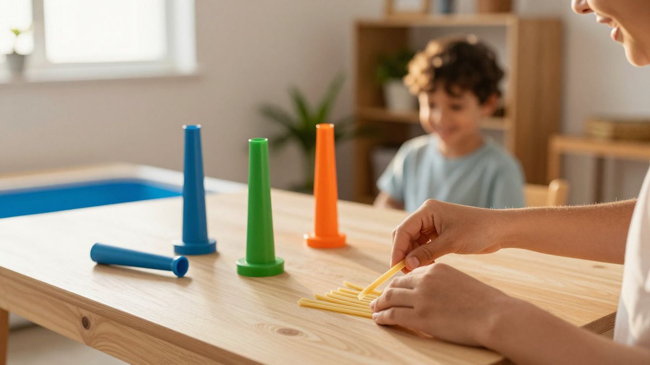 Adulto e criança brincam com cones coloridos e palitos numa mesa de madeira.