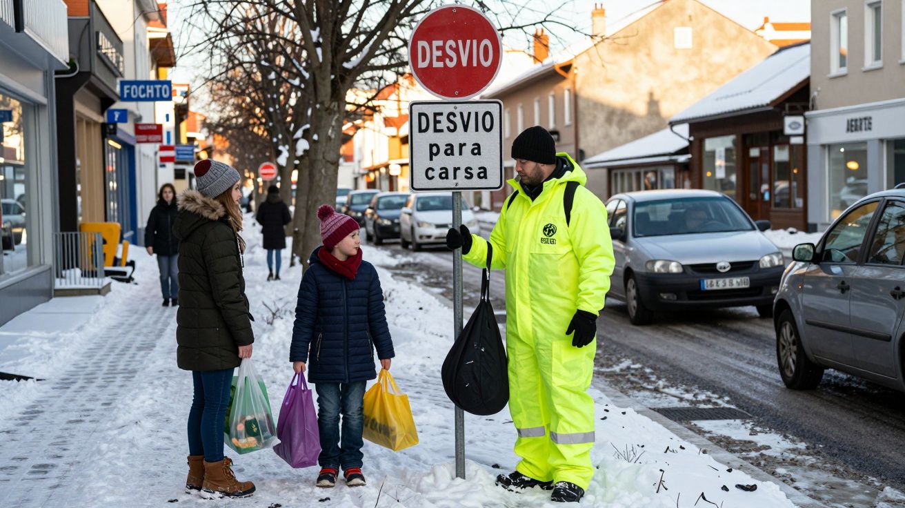 Homem de amarelo fluorescente indica desvio em rua com neve a duas crianças com sacos de compras.