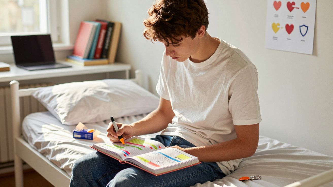 Jovem sentado na cama a sublinhar notas num livro, ambiente luminoso com livros e laptop ao fundo.