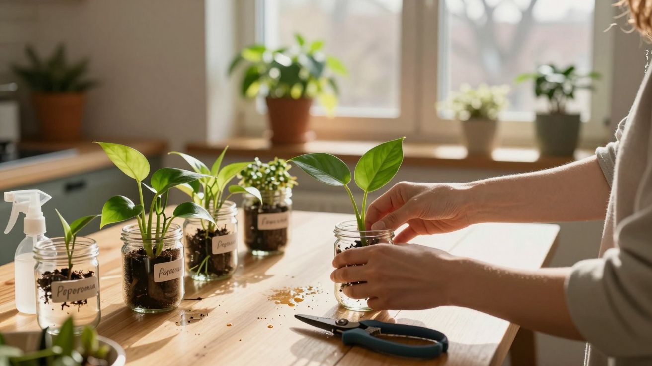 Mãos a transplantar planta jovem em frasco de vidro numa mesa com outras plantas e utensílios de jardinagem.