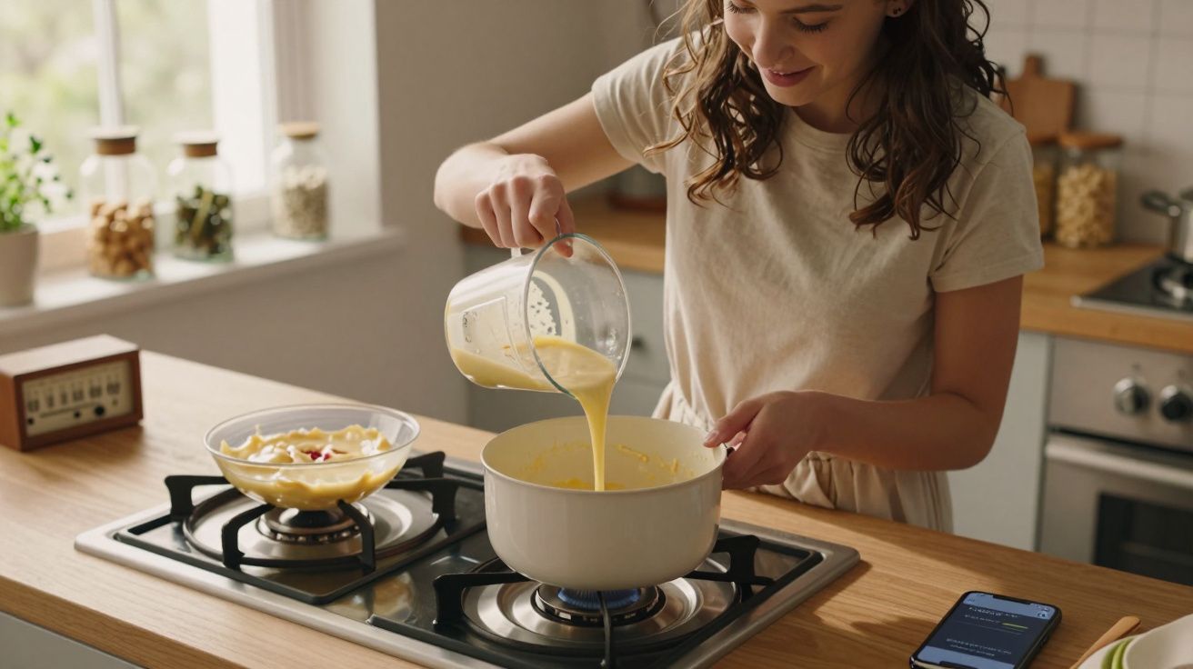 Mulher a cozinhar uma mistura amarela numa panela ao fogão numa cozinha moderna.