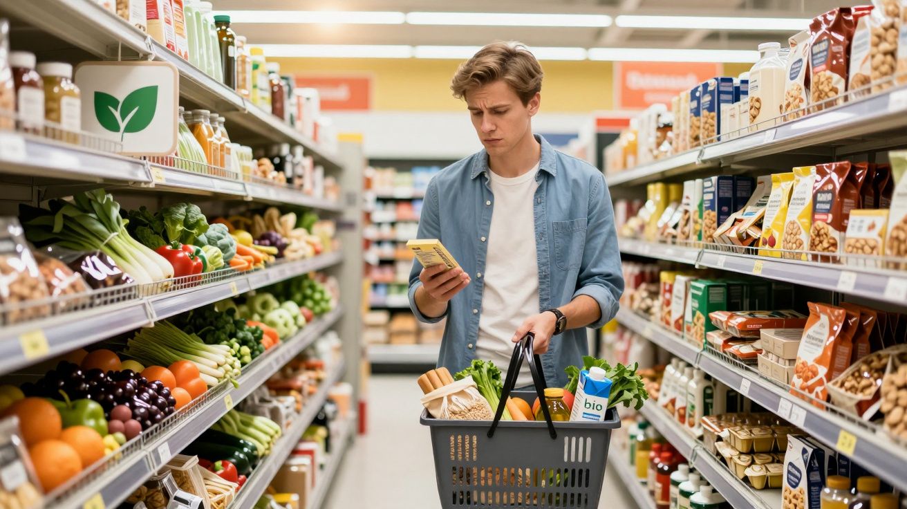 Homem a fazer compras num supermercado, segurando um cesto e a olhar para um produto.