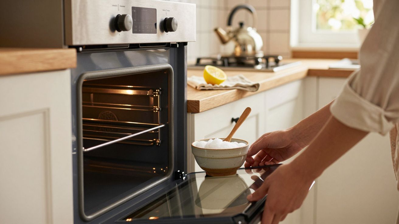 Pessoa a abrir o forno na cozinha, com uma tigela e colher sobre a porta do forno aberta.