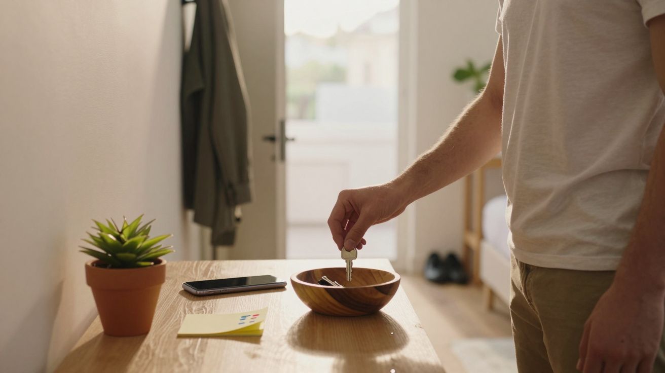 Pessoa a colocar uma chave numa tigela de madeira numa mesa com planta, telemóvel e bloco de notas.