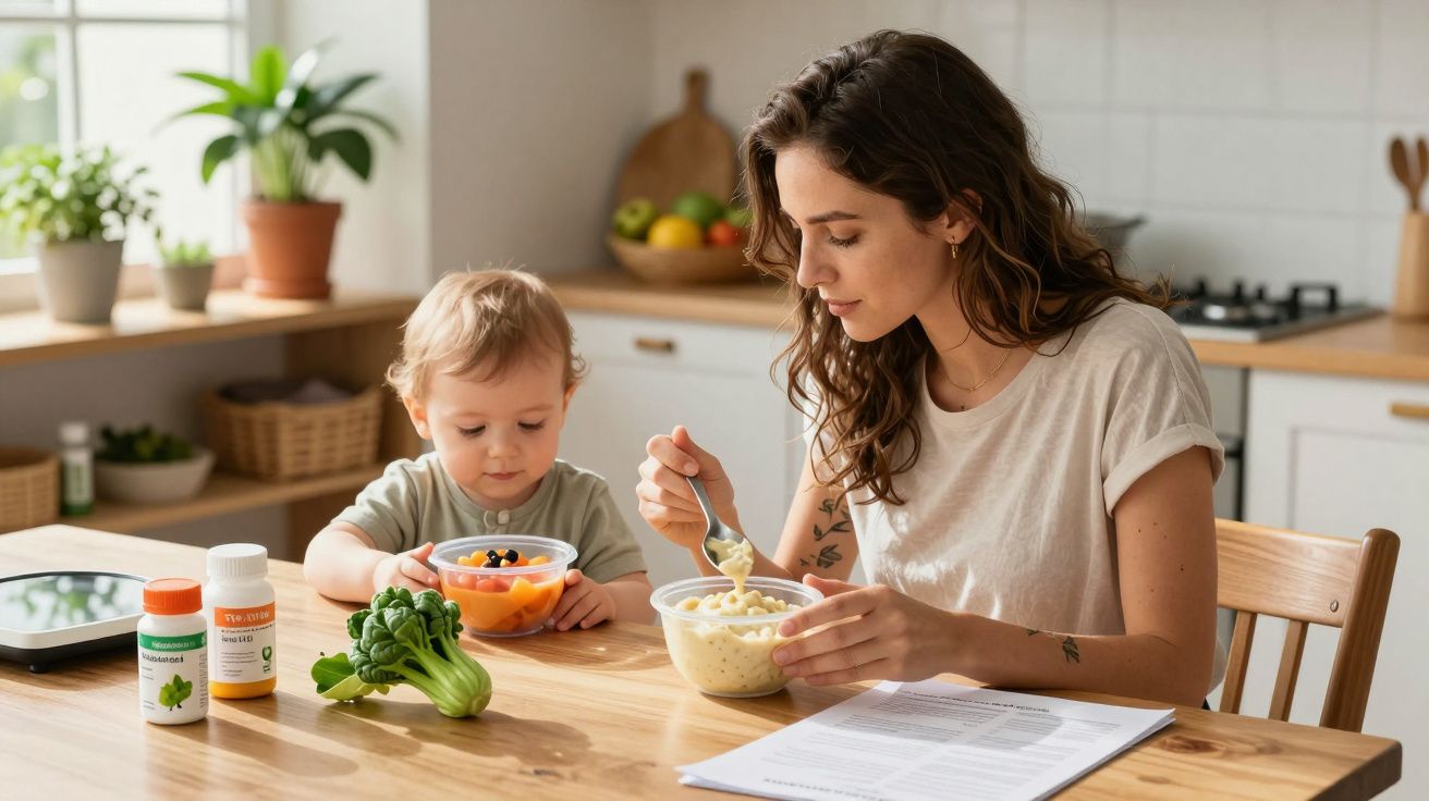 Mulher a alimentar-se à mesa com criança ao lado, frutas, legumes e suplementos na cozinha iluminada.