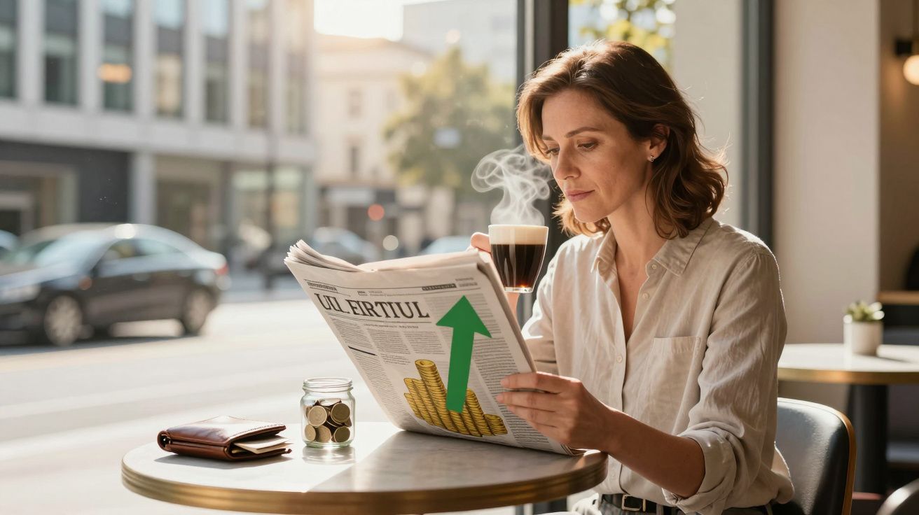 Mulher sentada numa mesa de café, lendo um jornal financeiro com uma chávena de café quente à frente.