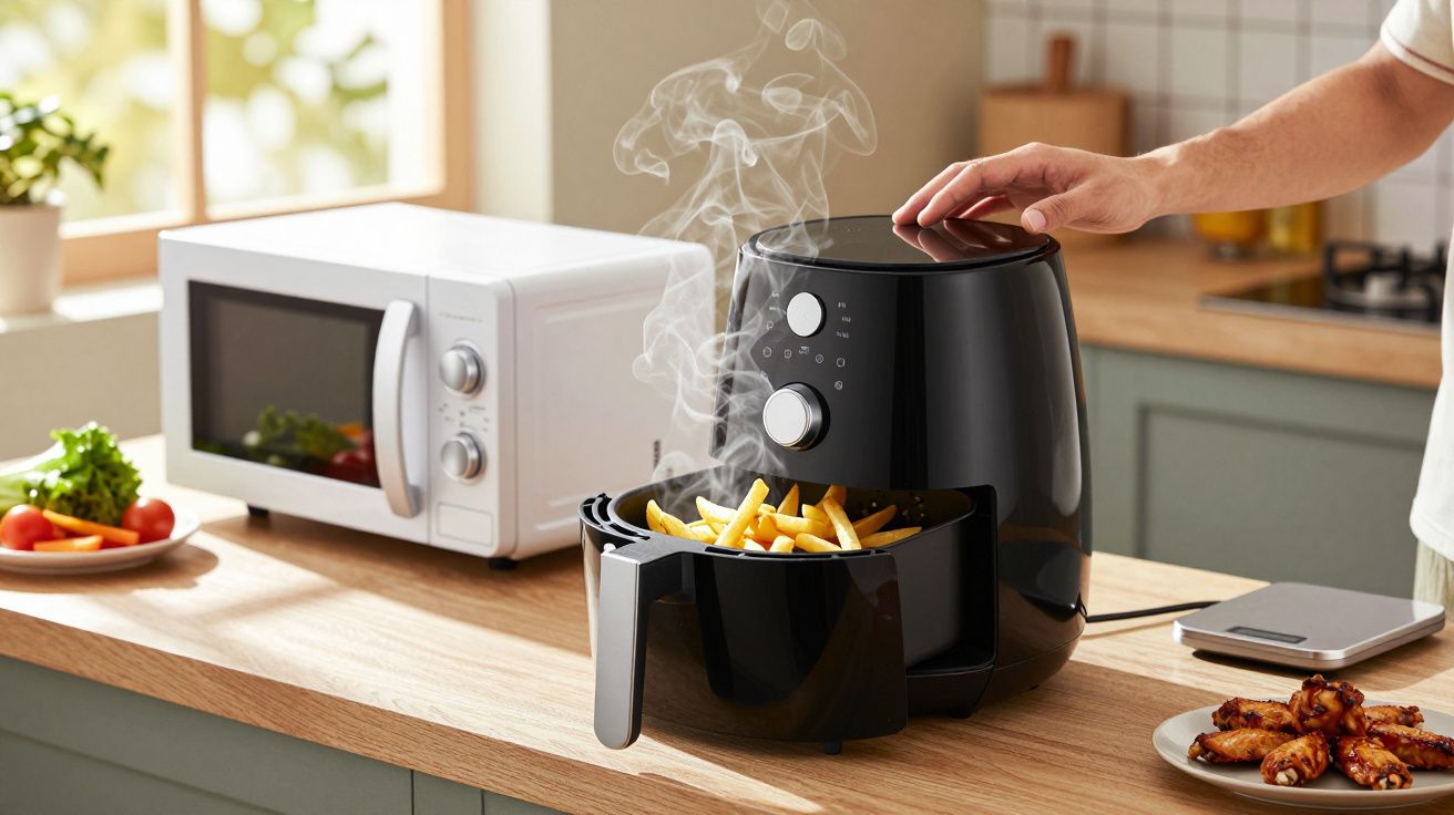 Máquina de ar foler a preparar batatas fritas com vapor a sair e micro-ondas numa cozinha moderna.
