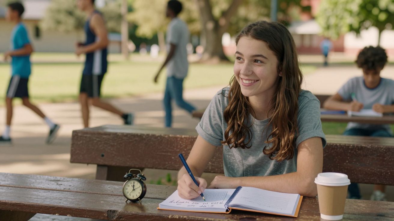 Rapaz sorridente sentado num banco ao ar livre a escrever num caderno, com um relógio e um café ao lado.