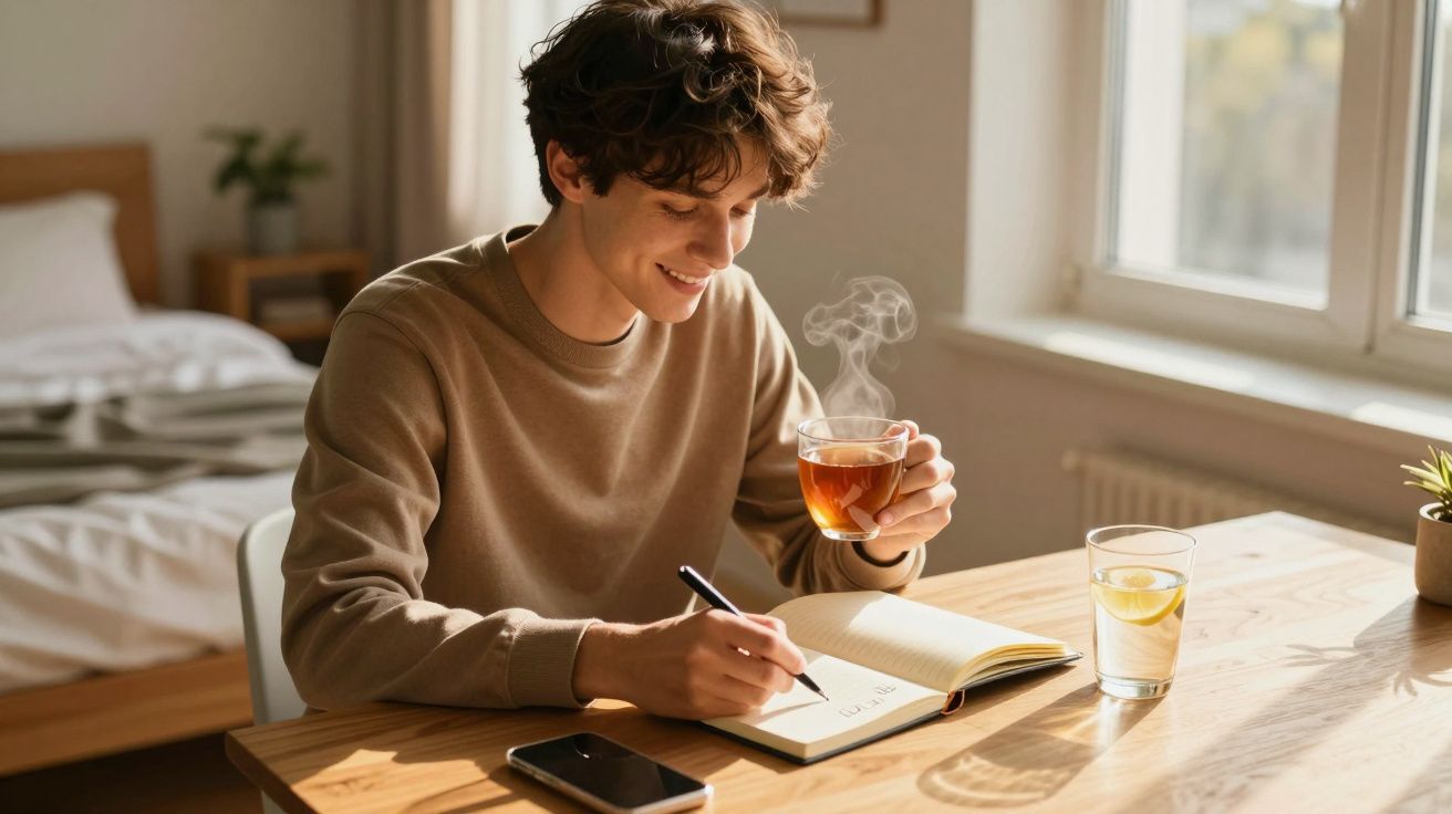 Jovem sentado à mesa a escrever num caderno e a segurar uma chávena de chá quente junto a uma janela iluminada.