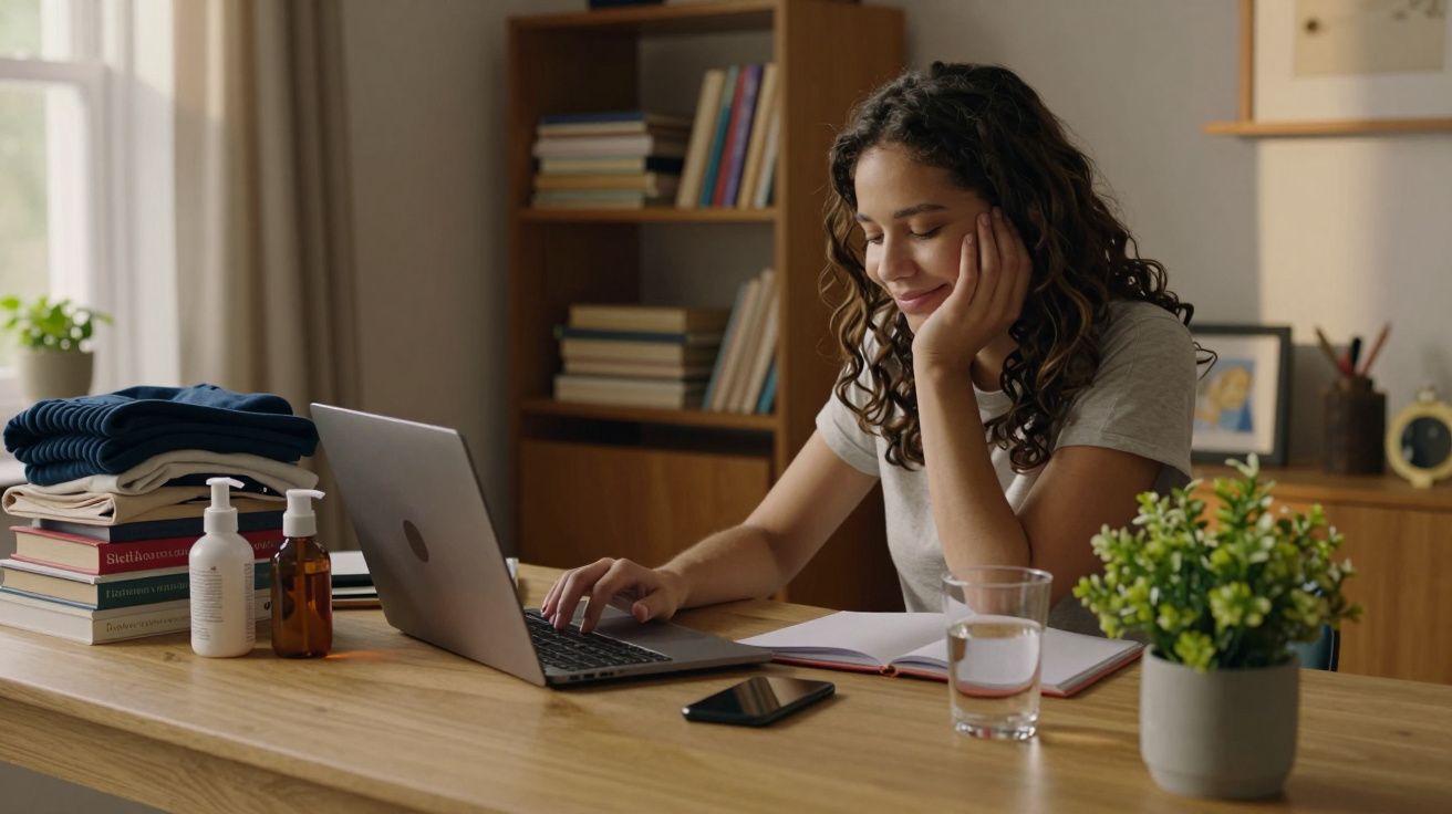 Mulher sentada a trabalhar num portátil numa mesa de madeira com livros, plantas e garrafas ao lado.