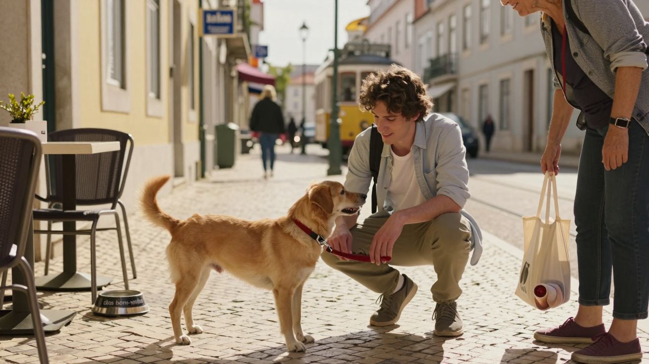 Jovem agacha para acariciar cão de raça Golden Retriever numa rua de calçada em dia soalheiro.