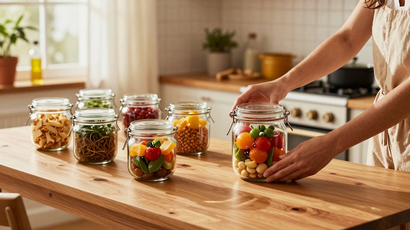 Pessoa organizando frascos de vidro com legumes e vegetais coloridos numa cozinha iluminada.