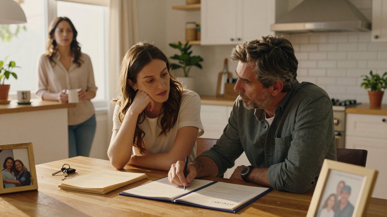Casal discute documentos na cozinha enquanto mulher observa ao fundo com expressão séria.