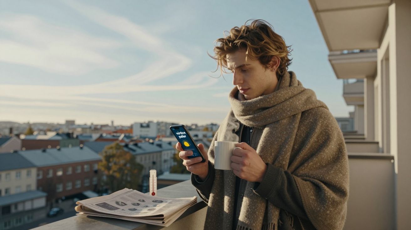 Jovem enrolado em manta consulta telemóvel numa varanda com chá quente e jornal ao amanhecer.
