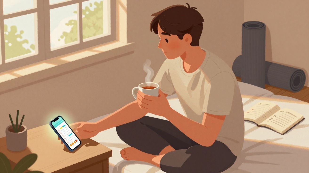 Jovem sentado na cama, a beber chá quente e a consultar o telemóvel numa manhã iluminada.