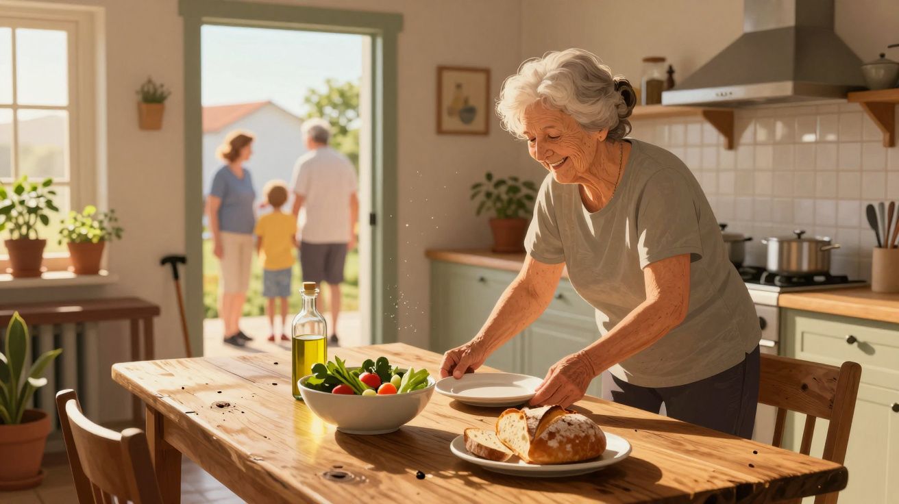 Mulher idosa a pôr mesa numa cozinha luminosa, com legumes e pão, enquanto família está na porta.