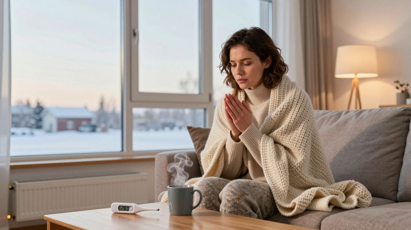 Mulher doente enrolada em manta sentada no sofá, com caneca quente e termómetro a mostrar febre.