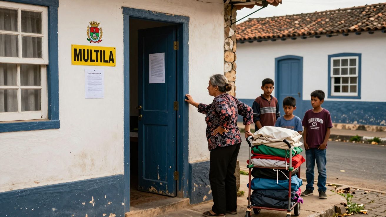 Mulher encostada em porta azul de edifício antigo com placa "Multila", três crianças observam ao fundo.
