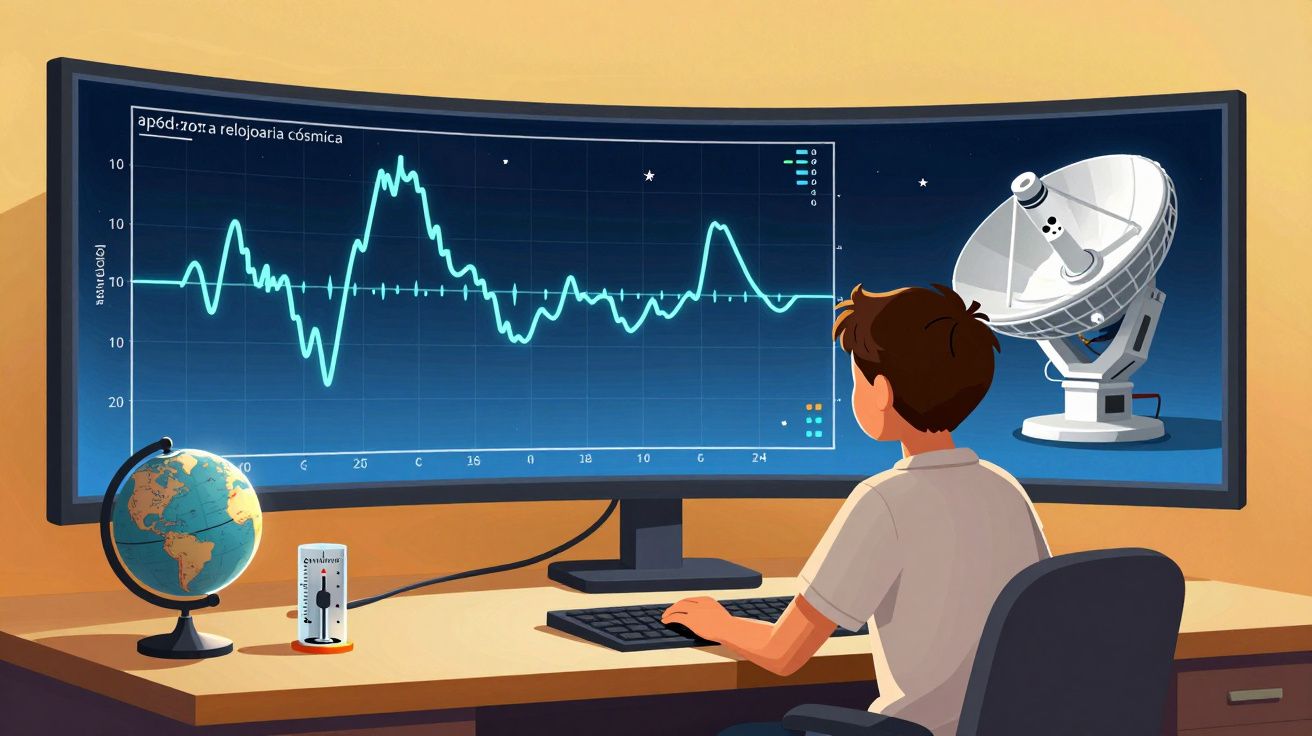 Pessoa a analisar dados científicos numa grande tela curva com um globo terrestre e uma antena parabólica ao lado.