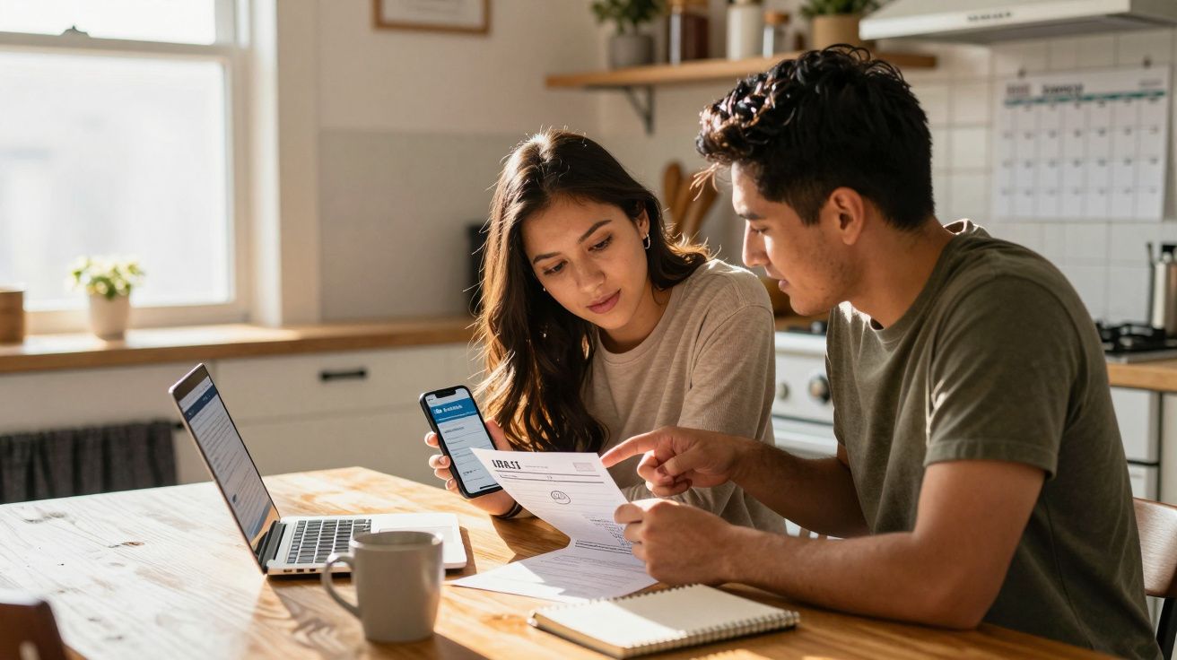 Casal jovem a analisar faturas e contas numa cozinha com computador e telemóvel.