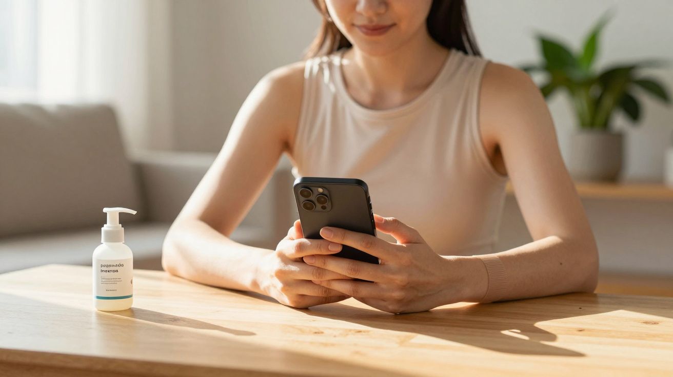 Mulher sentada a usar telemóvel com frasco de dispensador de gel desinfetante numa mesa de madeira clara.