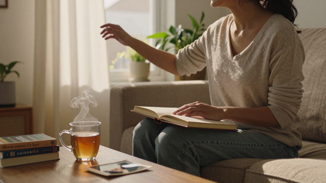 Mulher sentada no sofá a ler um livro, com chá a fumegar numa mesa à sua frente.