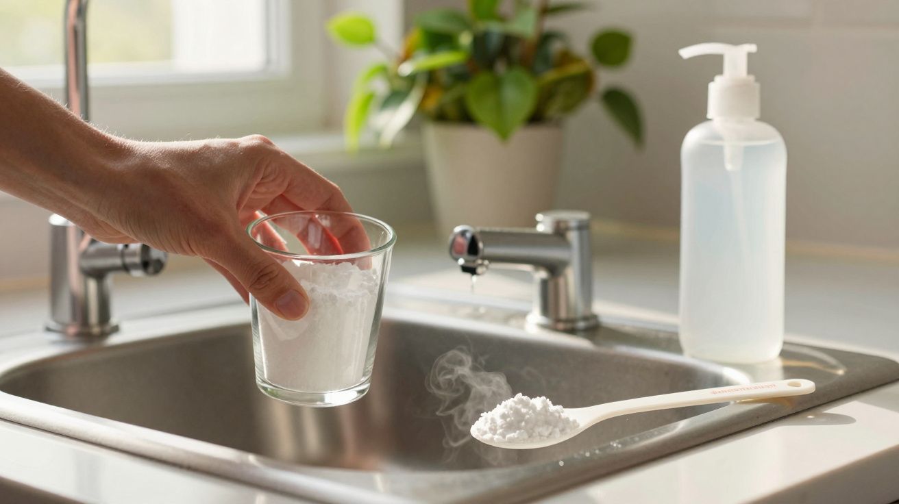 Mão a colocar bicarbonato de sódio num copo junto à pia da cozinha com detergente líquido em dispenser.