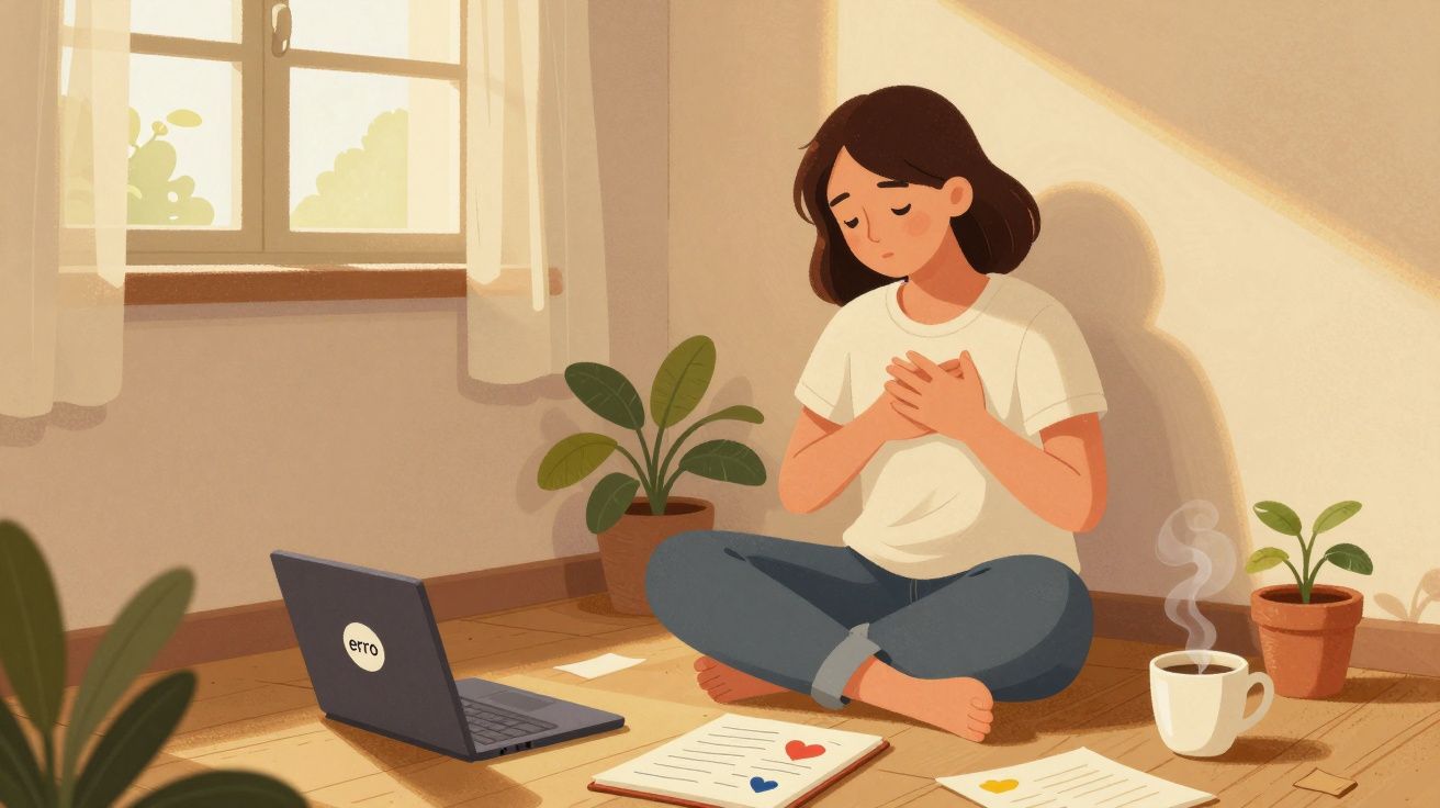 Mulher sentada no chão, mãos no peito, com laptop, documentos e chá em volta, numa sala iluminada.