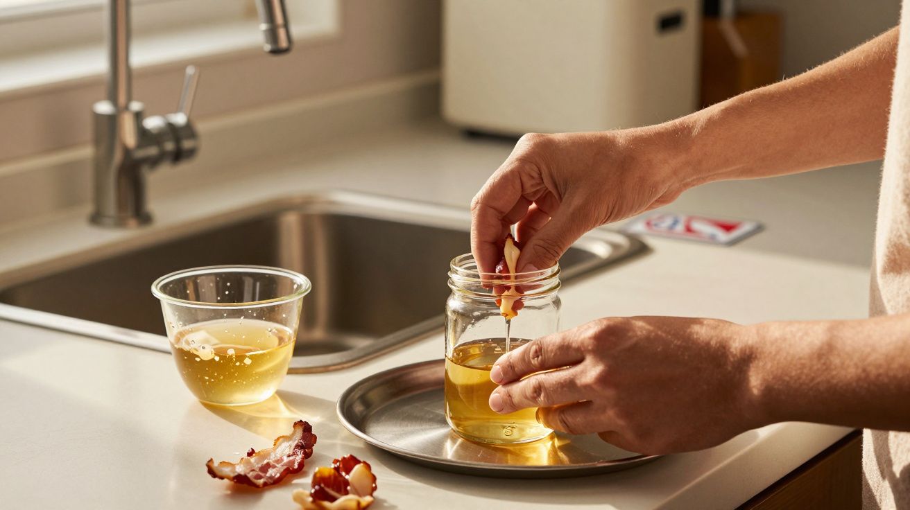 Mãos a mergulhar bacon em vidro com óleo sobre bandeja prateada numa bancada de cozinha moderna.