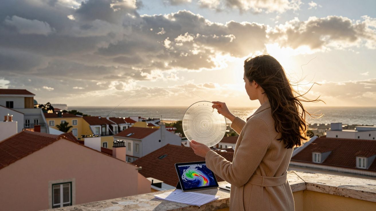 Mulher em casaco bege analisa placa de gelo com tempo no ecrã de portátil ao pôr do sol na vila costeira.