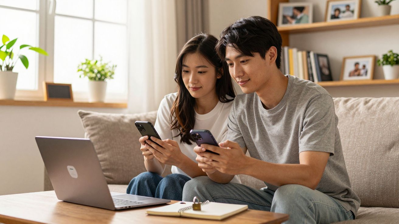 Jovem casal sentado no sofá a usar telemóveis, com computador portátil e caderno numa mesa de madeira à frente.