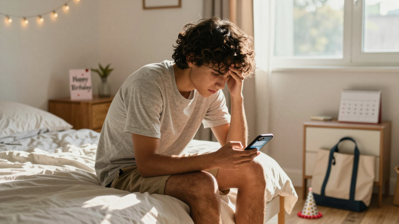 Jovem sentado na cama, preocupado, a olhar para o telemóvel numa manhã iluminada por luz natural.