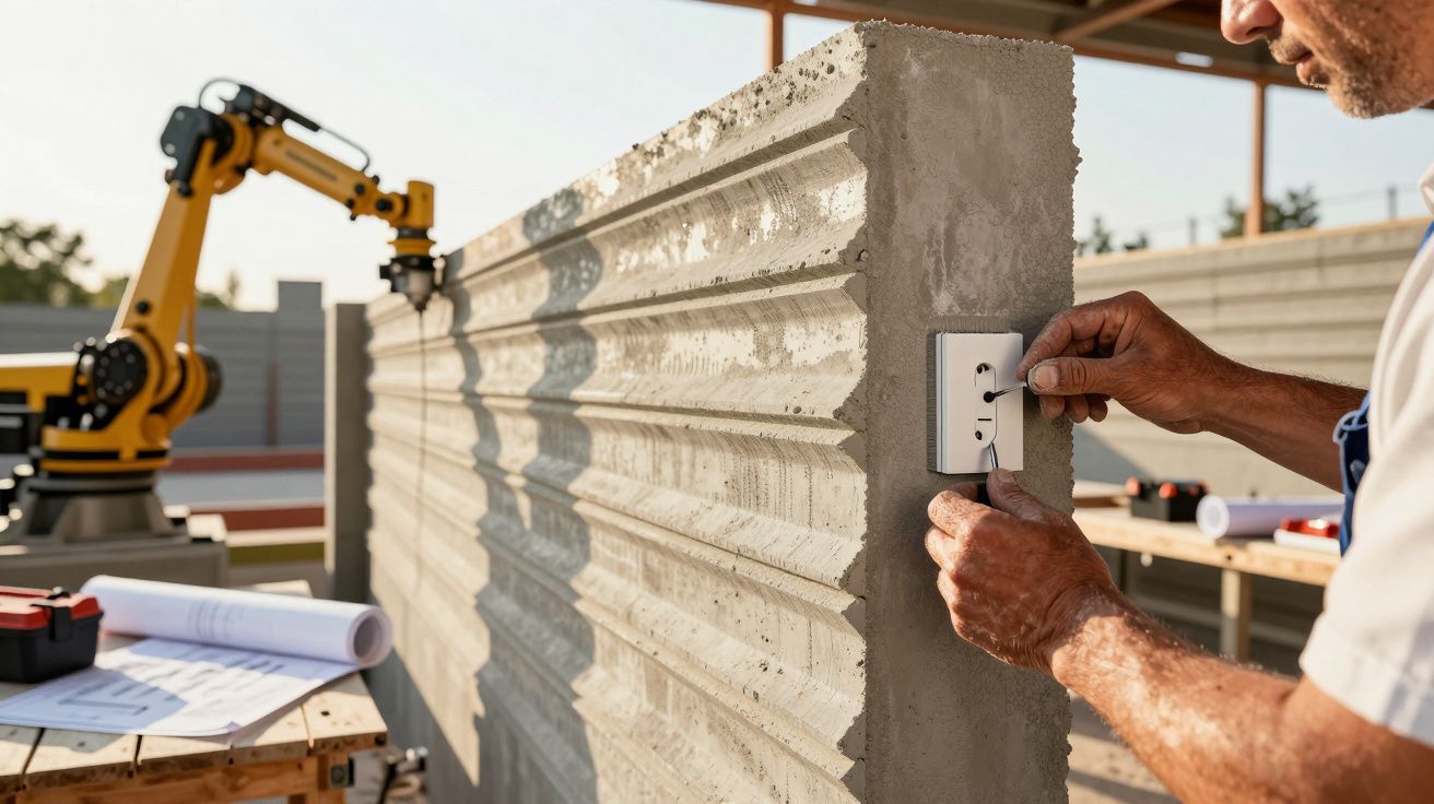 Homem a instalar uma tomada elétrica numa parede de betão em ambiente de construção com robô industrial ao fundo.