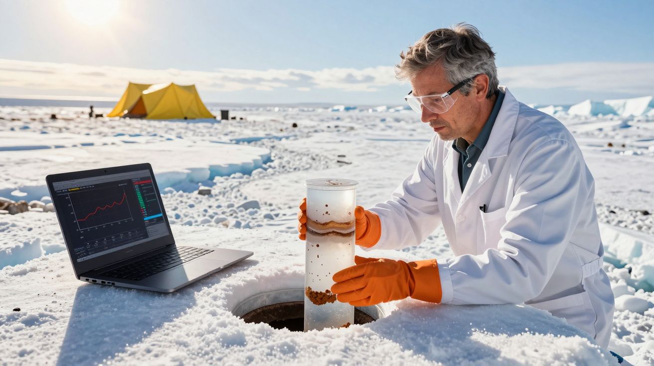 Cientista com luvas a retirar amostra de gelo no Ártico com laptop e tendas ao fundo.