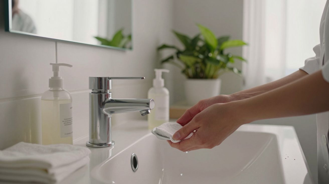 Pessoa a lavar as mãos numa pia branca com dispensadores de sabonete e planta ao fundo.