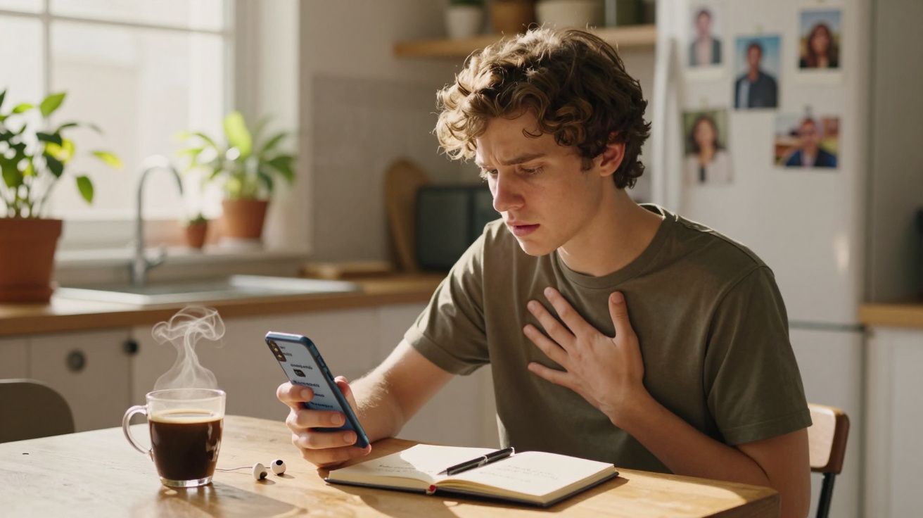 Jovem sentado à mesa na cozinha, com expressão preocupada, olha para o telemóvel segurando o peito.