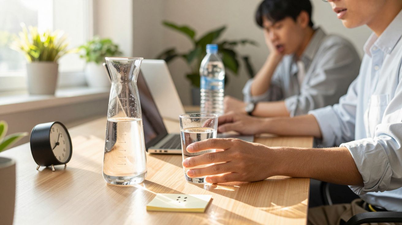 Pessoa a segurar copo de água numa mesa de escritório com relógio, jarro, computador portátil e plantas.