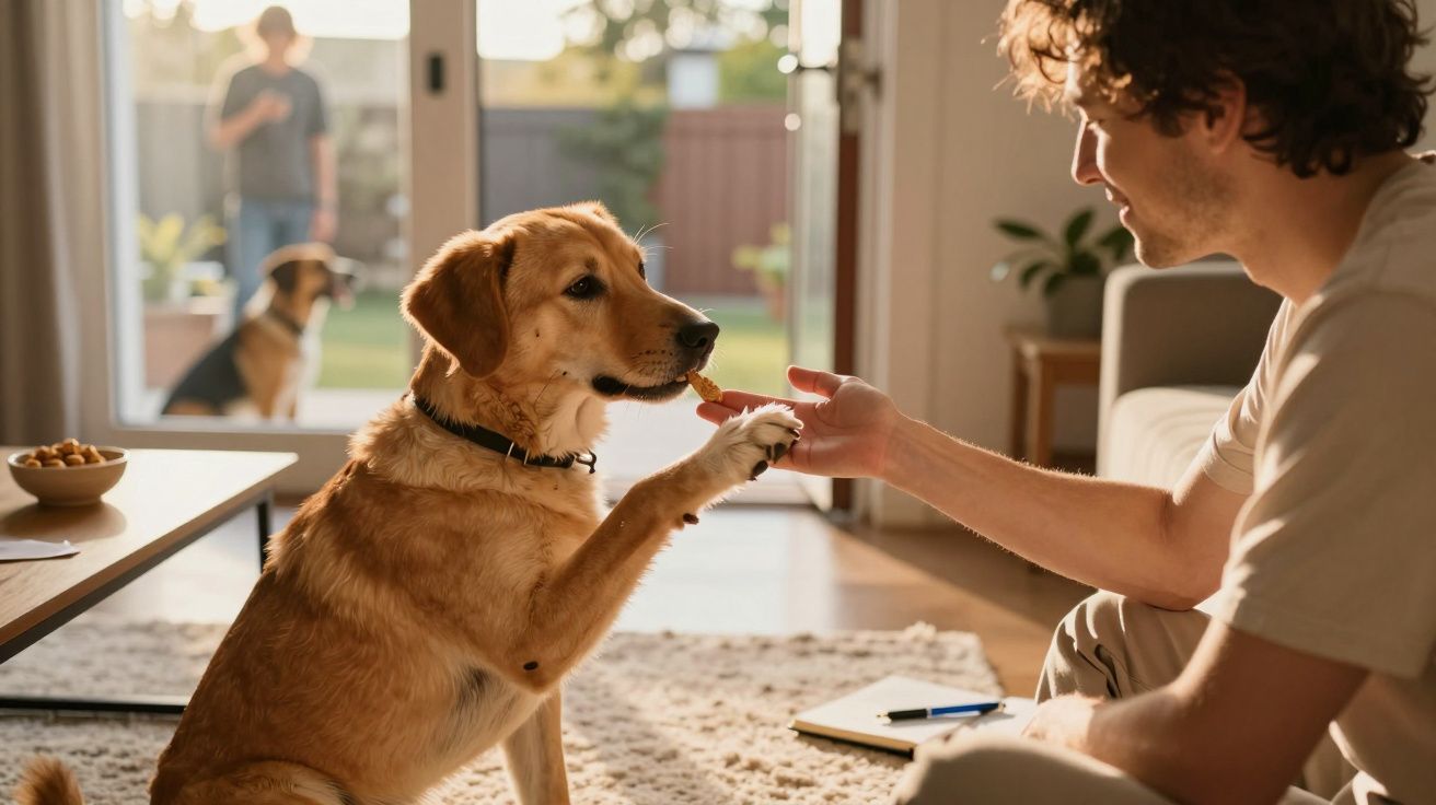 Homem a dar um petisco a um cão castanho num ambiente acolhedor dentro de casa, com luz natural.