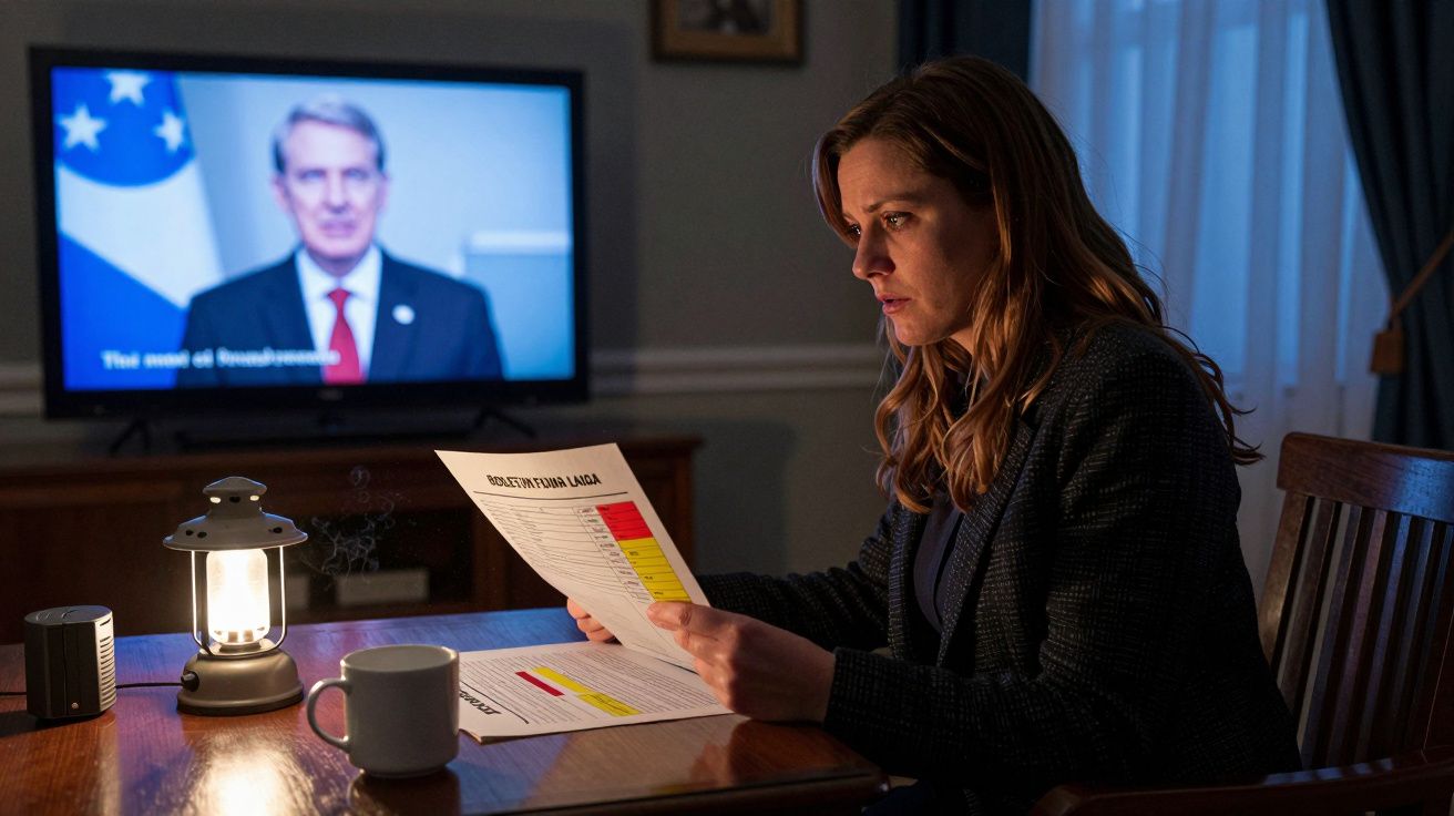 Mulher sentada à mesa à luz de candeeiro lê documentos, com televisão ligada ao fundo.