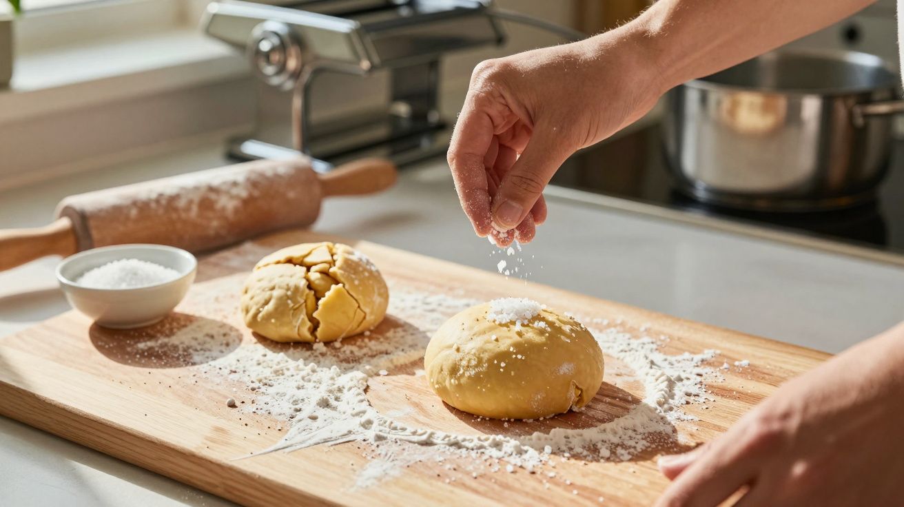 Massa caseira a ser polvilhada com farinha numa tábua de cozinha com utensílios ao fundo.