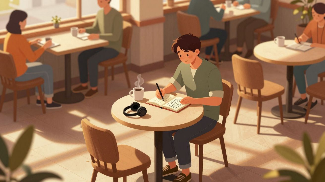 Pessoa a desenhar num caderno sentado numa mesa de café, rodeada de outras pessoas a conversar.