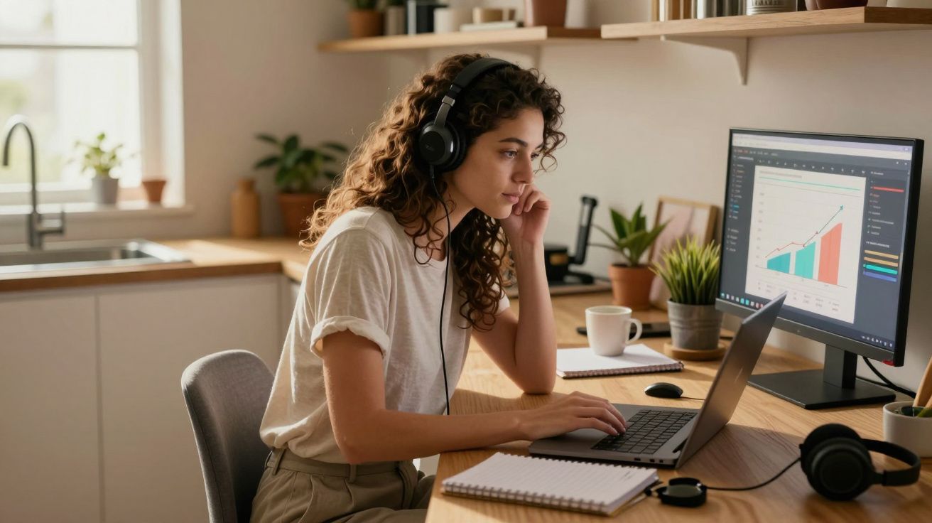 Mulher com auscultadores trabalha em computador portátil com gráficos numa secretária em ambiente doméstico.