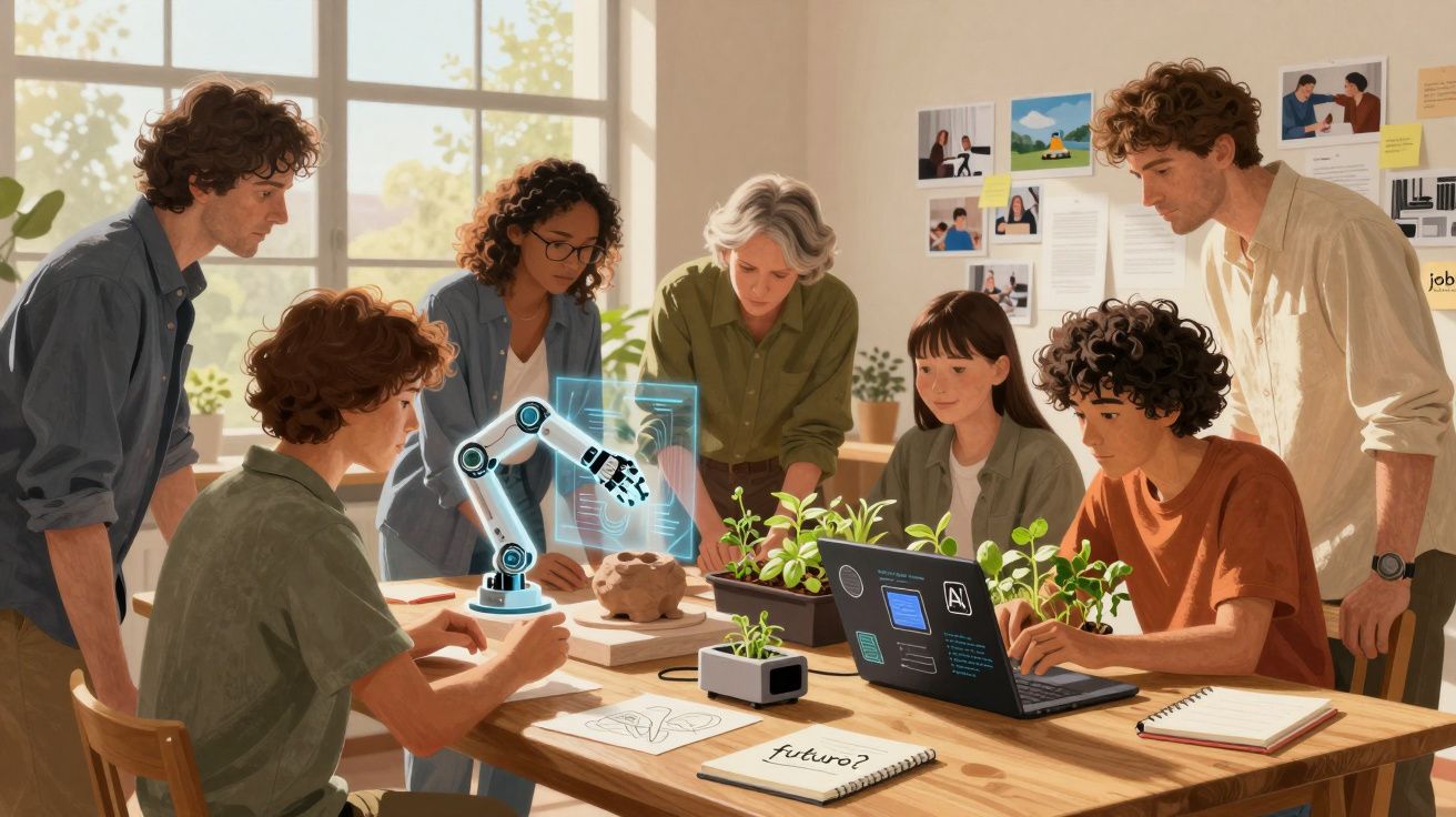 Grupo diverso a trabalhar em projeto com braço robótico e plantas num ambiente colaborativo e moderno.