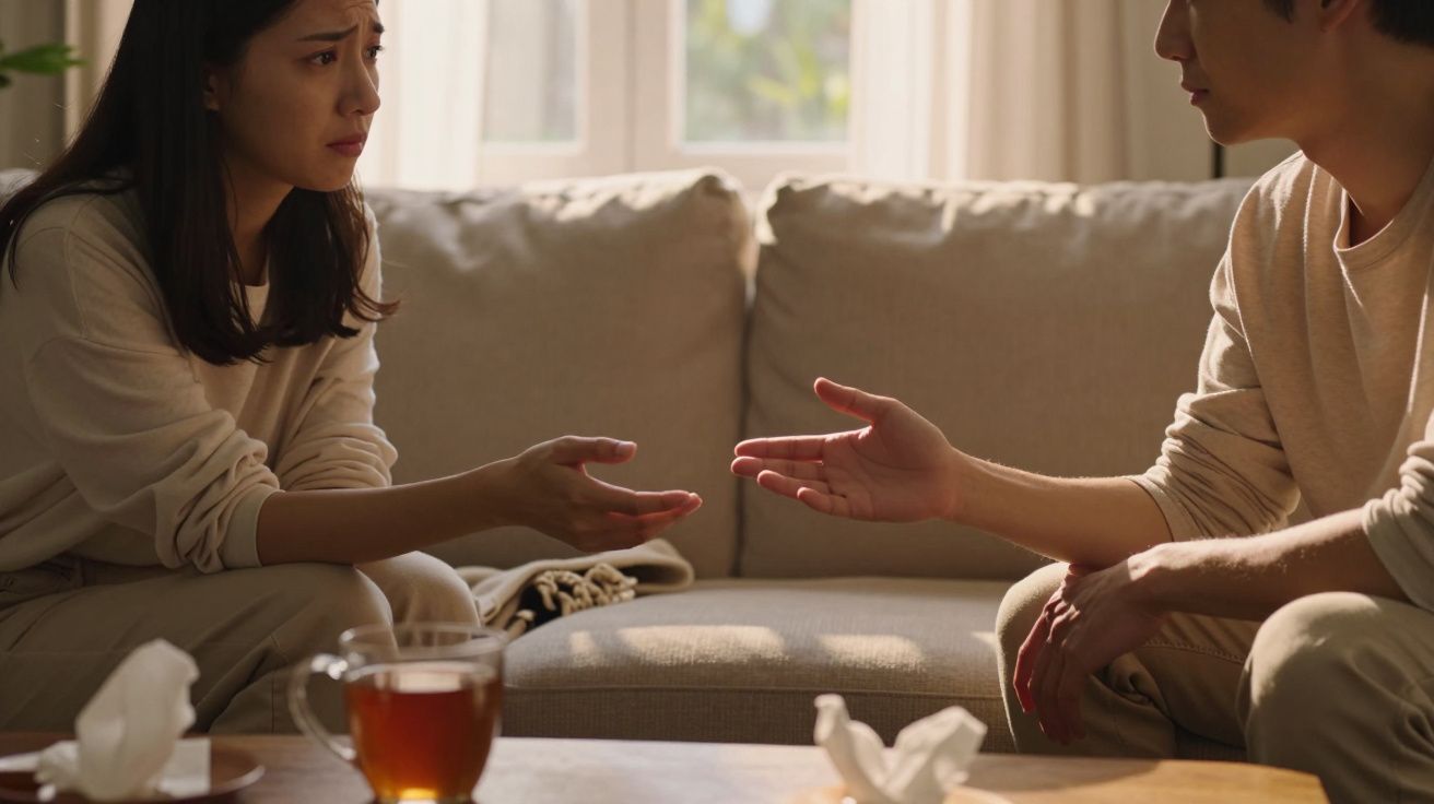Casal sentado no sofá a discutir, com expressão triste e gestos de conversação, com chá e lenços na mesa.