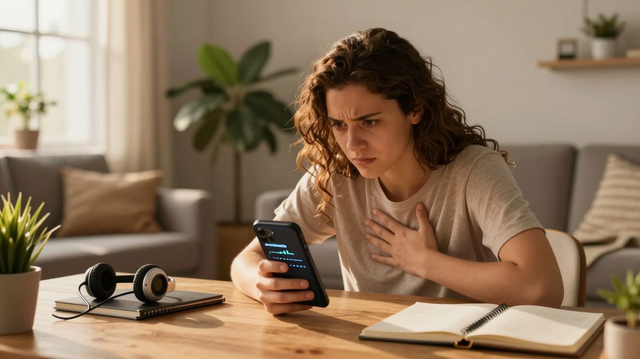 Mulher preocupada segurando o peito e a olhar para o telemóvel enquanto está sentada numa mesa em casa.