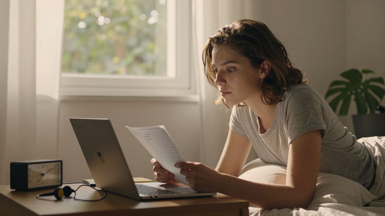Mulher deitada na cama a ler papéis e a usar portátil numa manhã com luz natural pela janela.